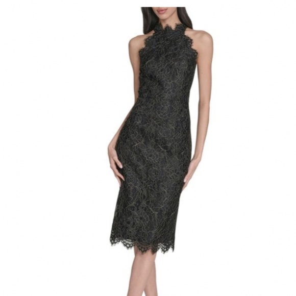 Eliza J Black Lace High Neck Sheath Midi Dress Size 4 - Picture 1 of 16